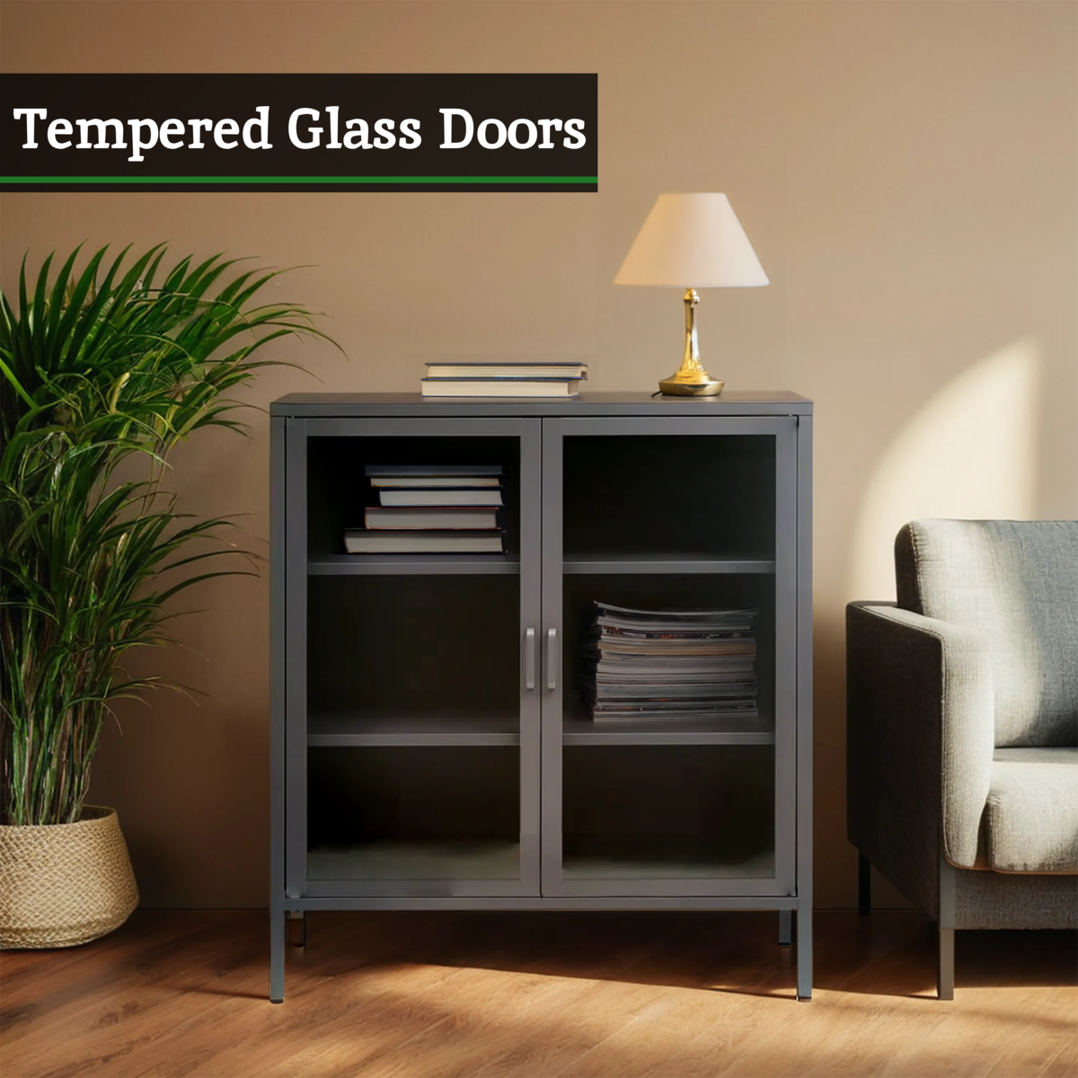 Acier Grey Metal and Glass Two Door Cabinet with Adjustable Shelves