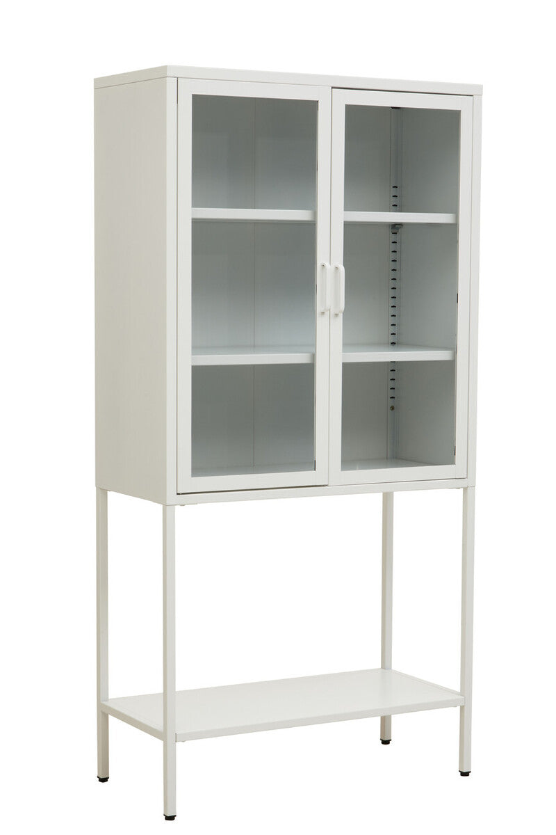 Acier White Metal and Glass Two Door Cabinet with Open Lower Shelf