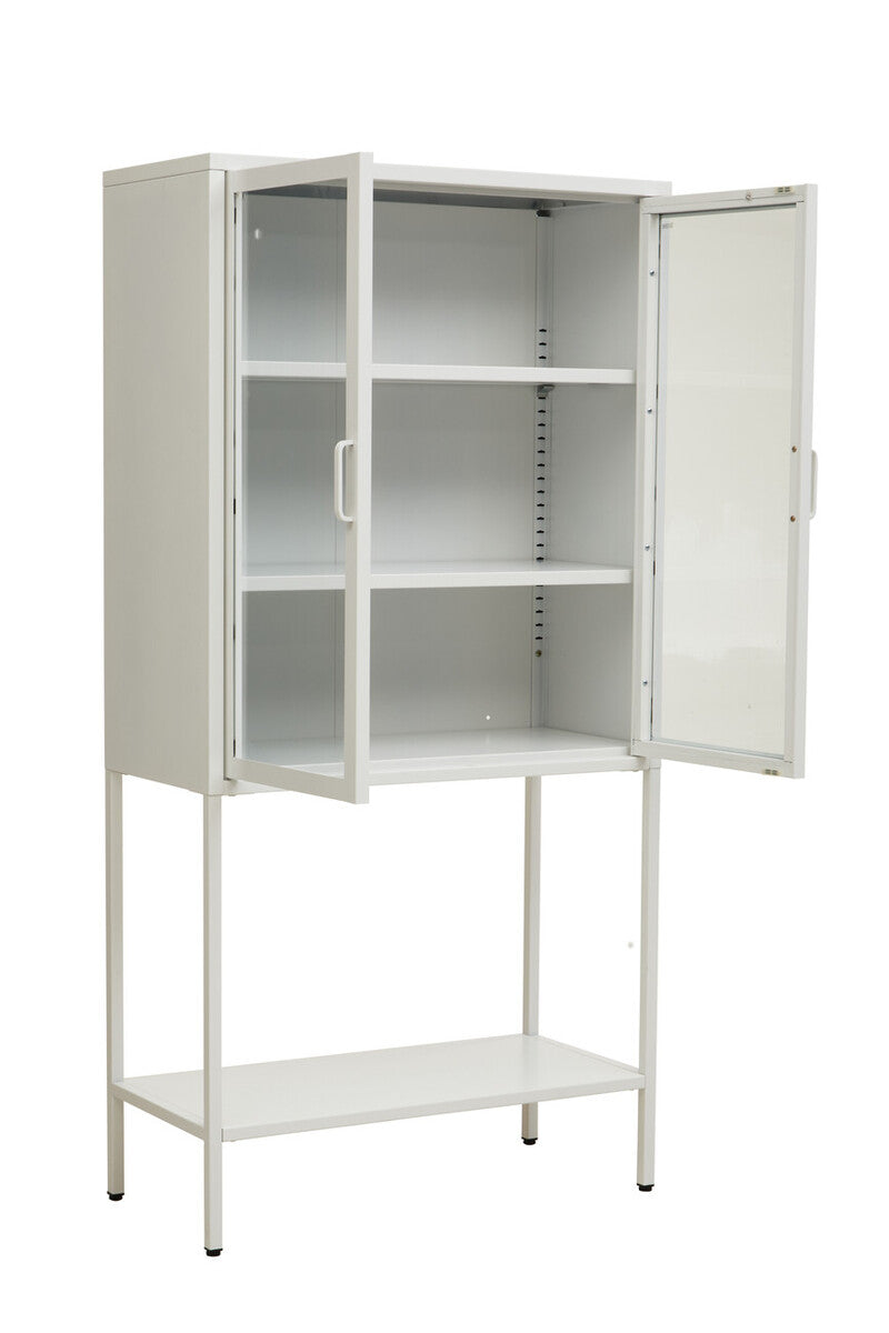 Acier White Metal and Glass Two Door Cabinet with Open Lower Shelf