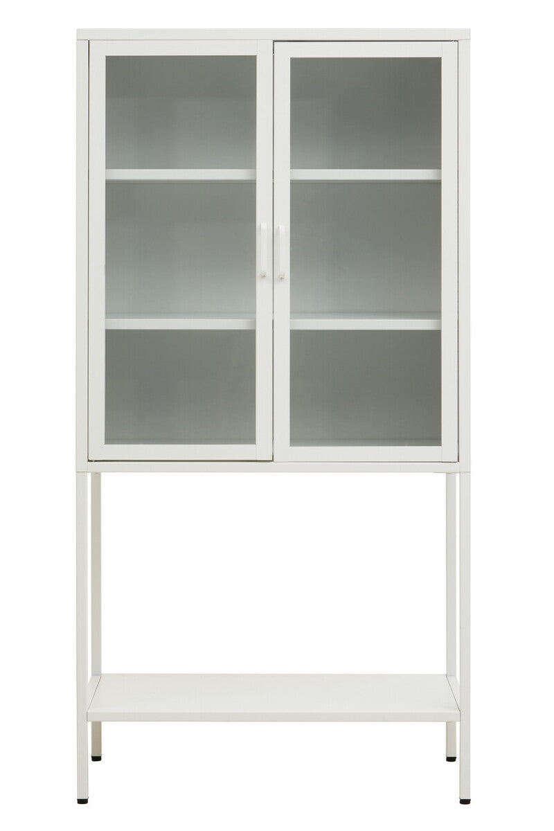 Acier White Metal and Glass Two Door Cabinet with Open Lower Shelf