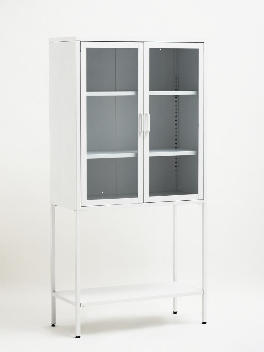Acier White Metal and Glass Two Door Cabinet with Open Lower Shelf