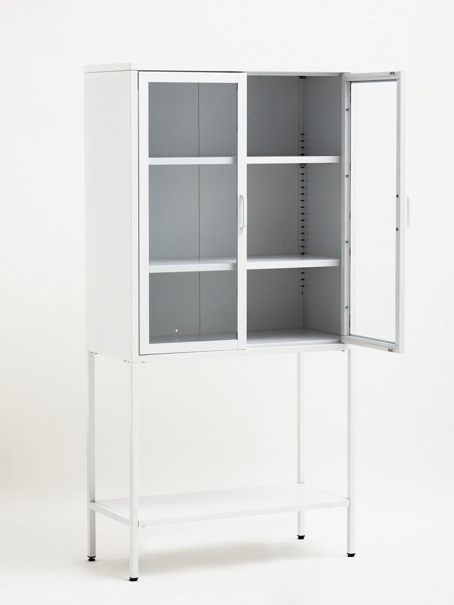 Acier White Metal and Glass Two Door Cabinet with Open Lower Shelf