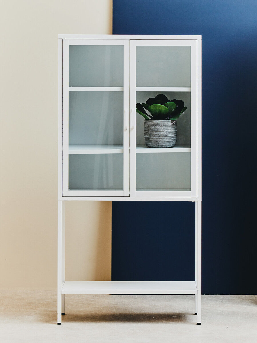 Acier White Metal and Glass Two Door Cabinet with Open Lower Shelf