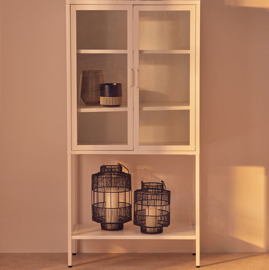 Acier White Metal and Glass Two Door Cabinet with Open Lower Shelf