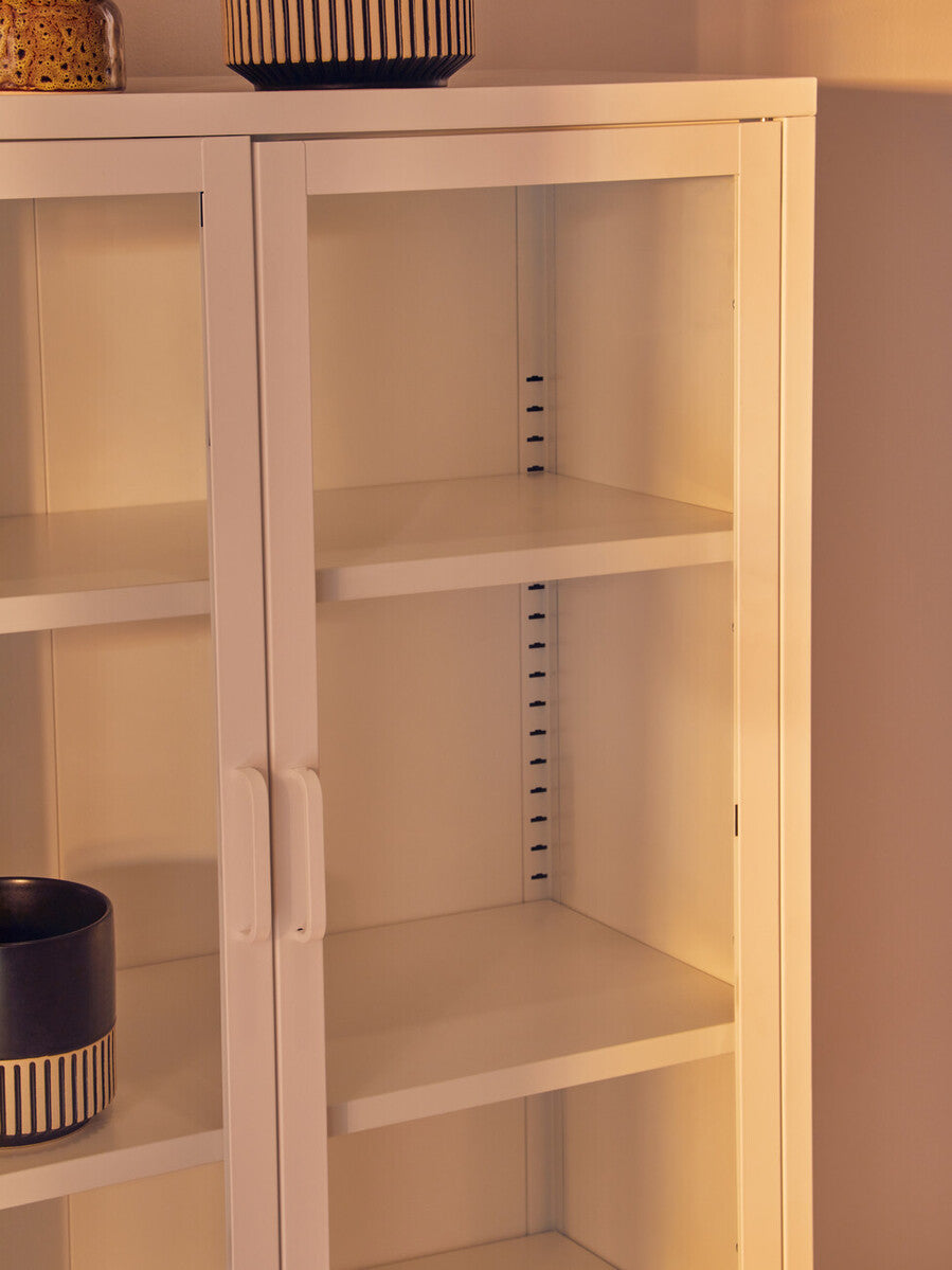 Acier White Metal and Glass Two Door Cabinet with Open Lower Shelf