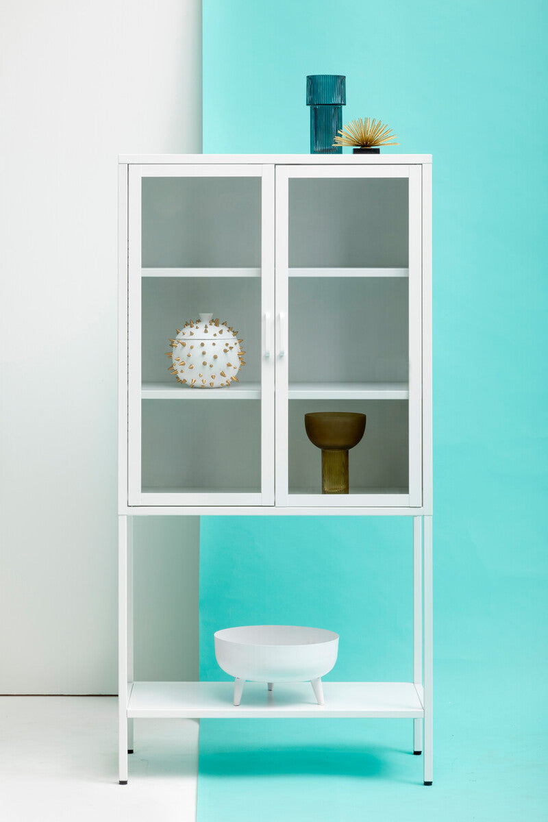 Acier White Metal and Glass Two Door Cabinet with Open Lower Shelf