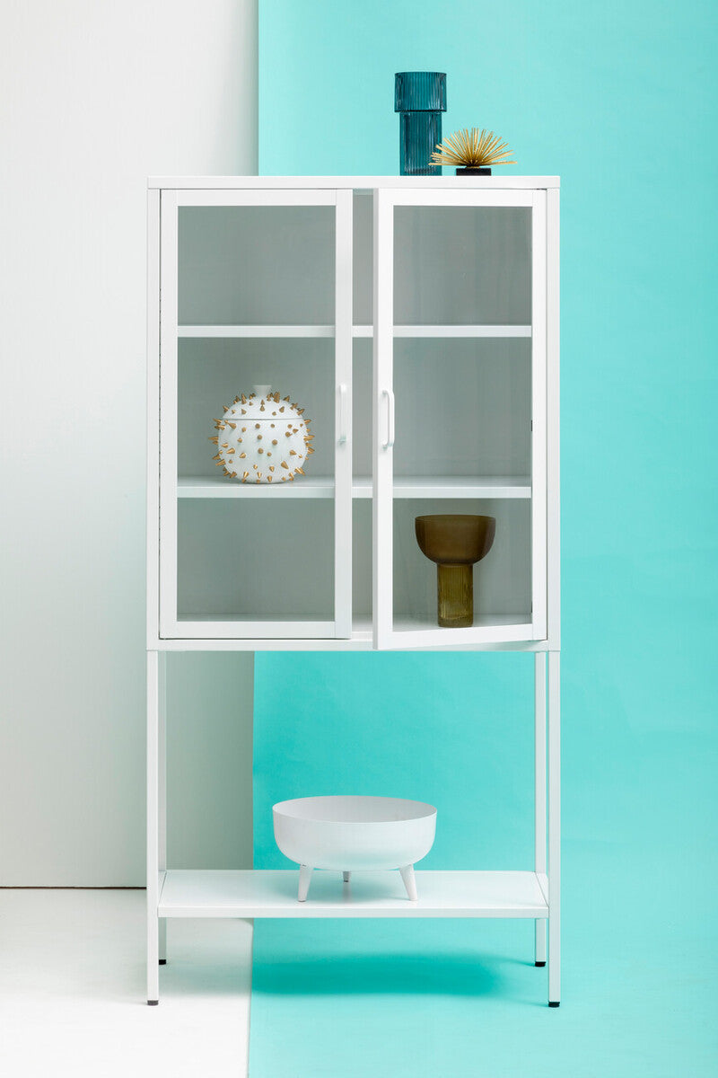 Acier White Metal and Glass Two Door Cabinet with Open Lower Shelf