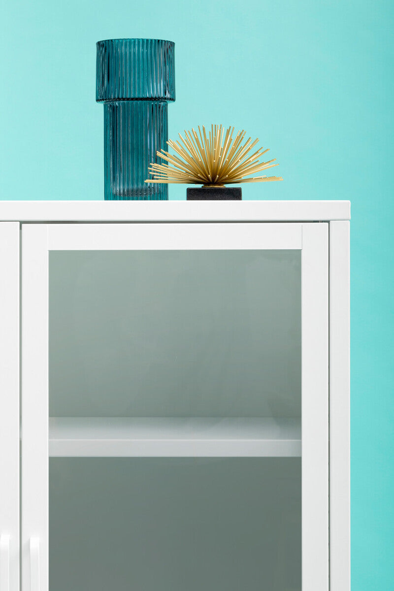 Acier White Metal and Glass Two Door Cabinet with Open Lower Shelf