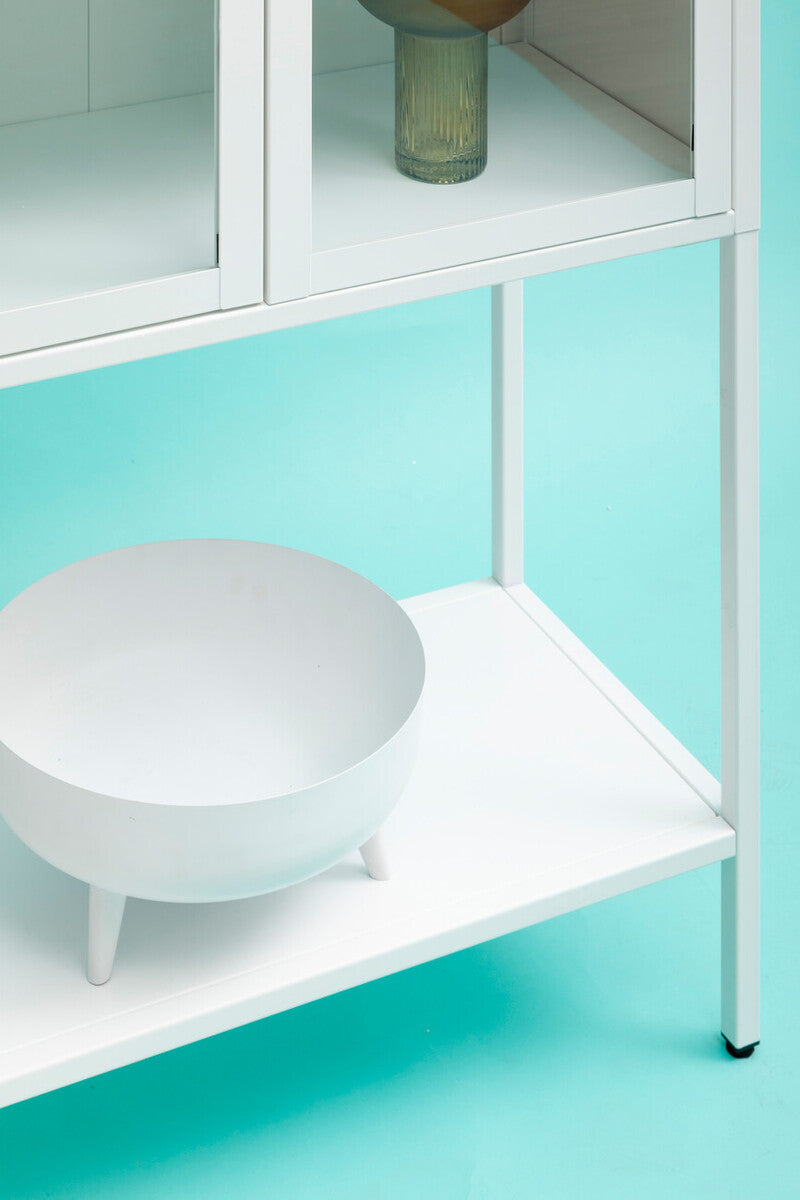 Acier White Metal and Glass Two Door Cabinet with Open Lower Shelf