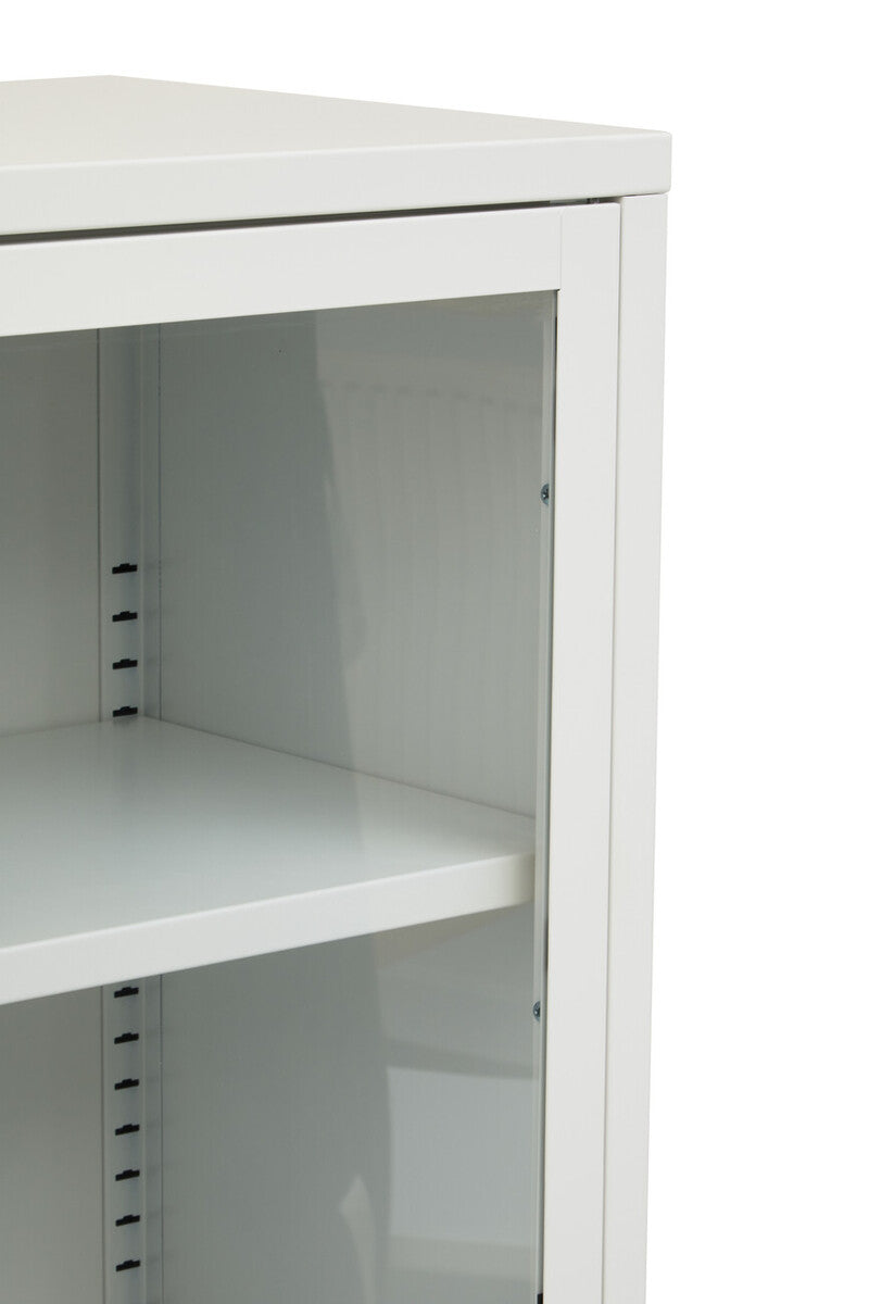 Acier White Metal and Glass Two Door Cabinet with Open Lower Shelf