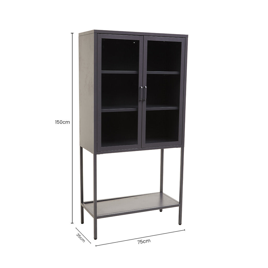 Acier Grey Metal and Glass Two Door Cabinet with Open Lower Shelf