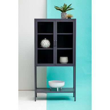 Acier Grey Metal and Glass Two Door Cabinet with Open Lower Shelf