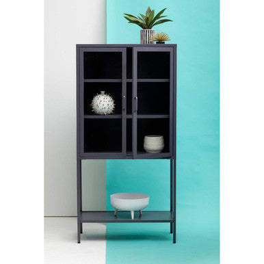 Acier Grey Metal and Glass Two Door Cabinet with Open Lower Shelf