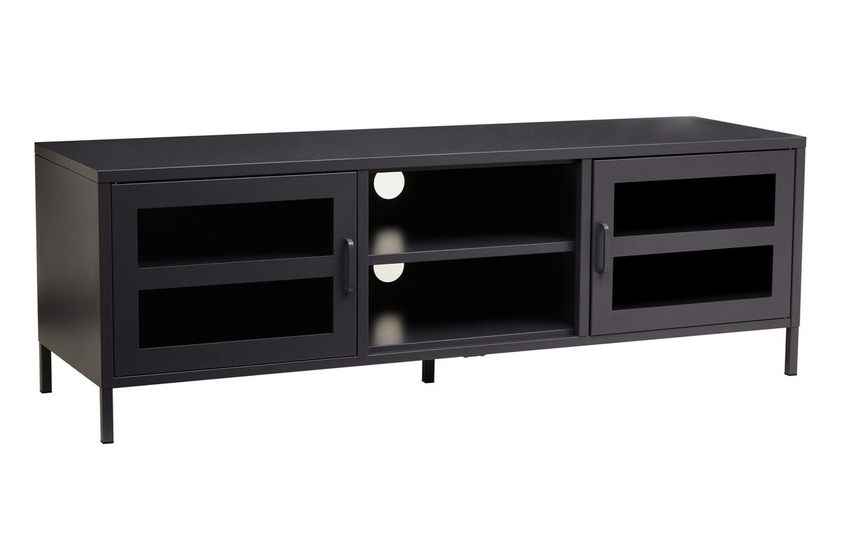 Acier Black Metal and Glass Two Door Media Unit with Open Shelves