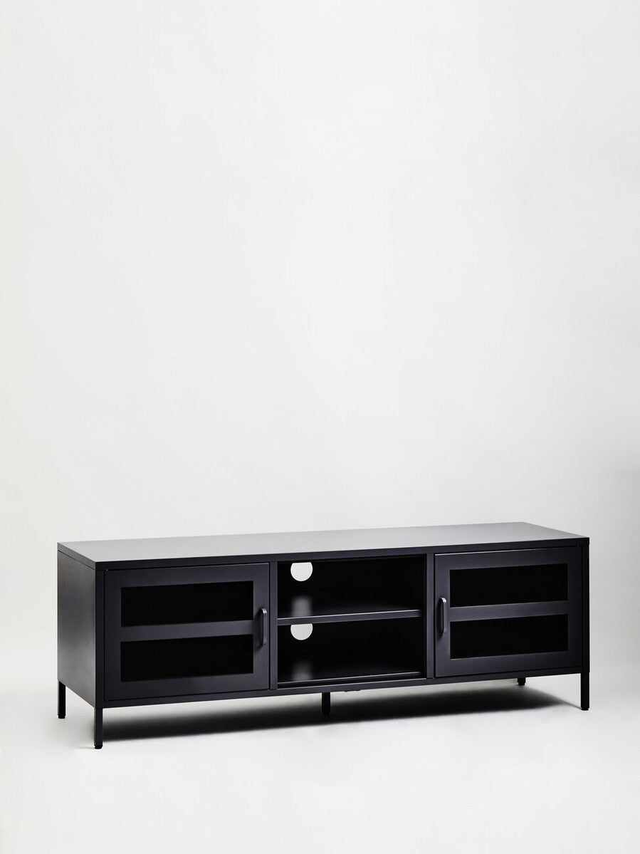 Acier Black Metal and Glass Two Door Media Unit with Open Shelves