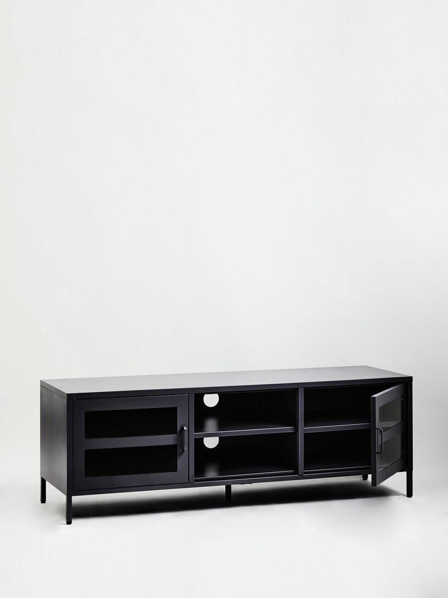 Acier Black Metal and Glass Two Door Media Unit with Open Shelves