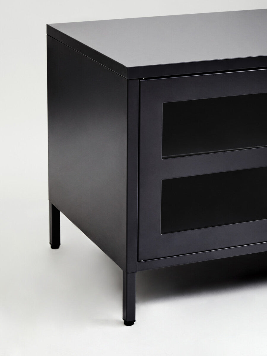 Acier Black Metal and Glass Two Door Media Unit with Open Shelves