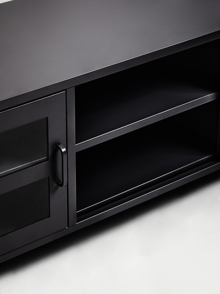 Acier Black Metal and Glass Two Door Media Unit with Open Shelves