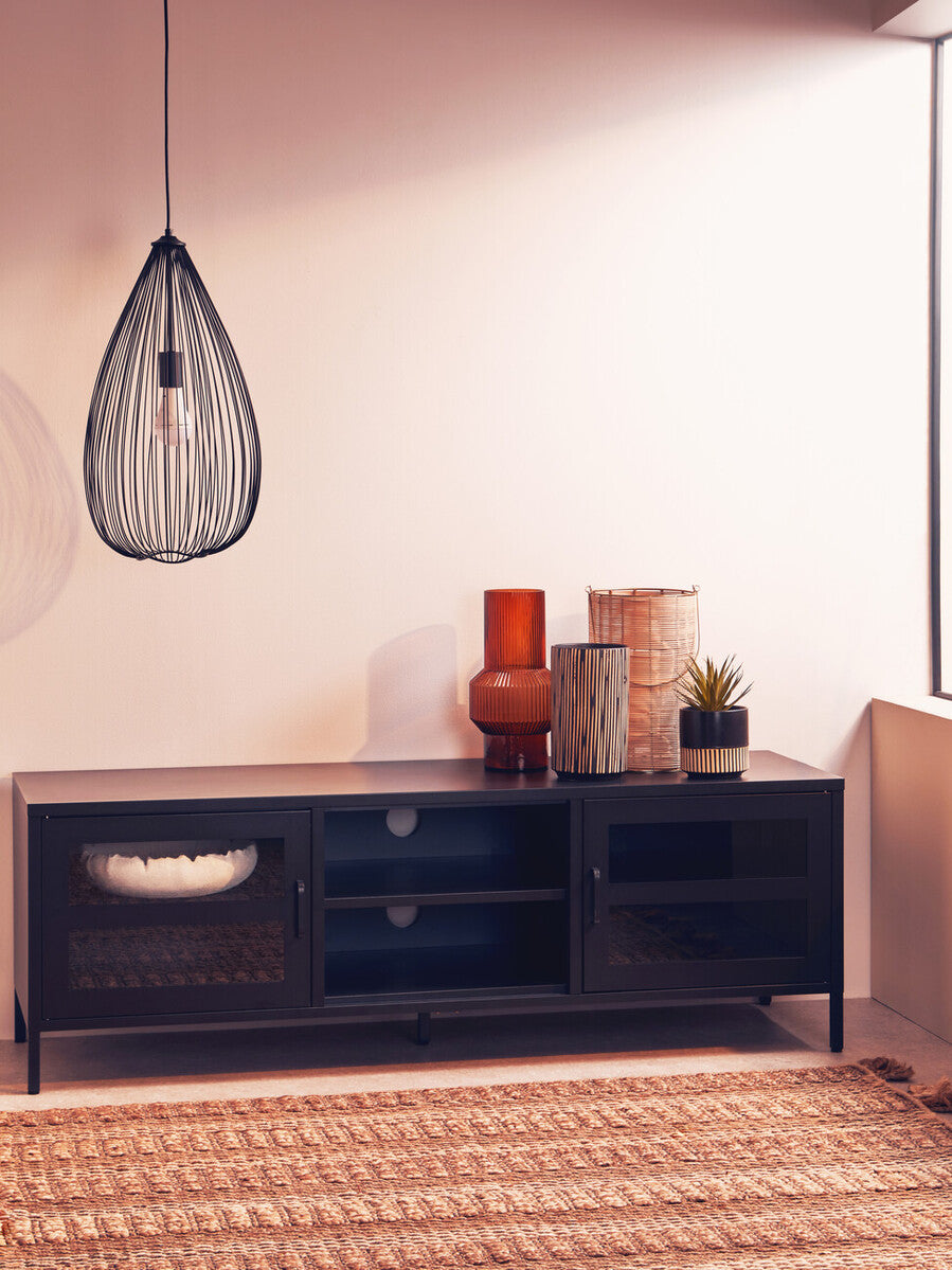 Acier Black Metal and Glass Two Door Media Unit with Open Shelves