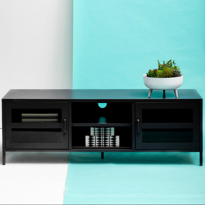 Acier Black Metal and Glass Two Door Media Unit with Open Shelves