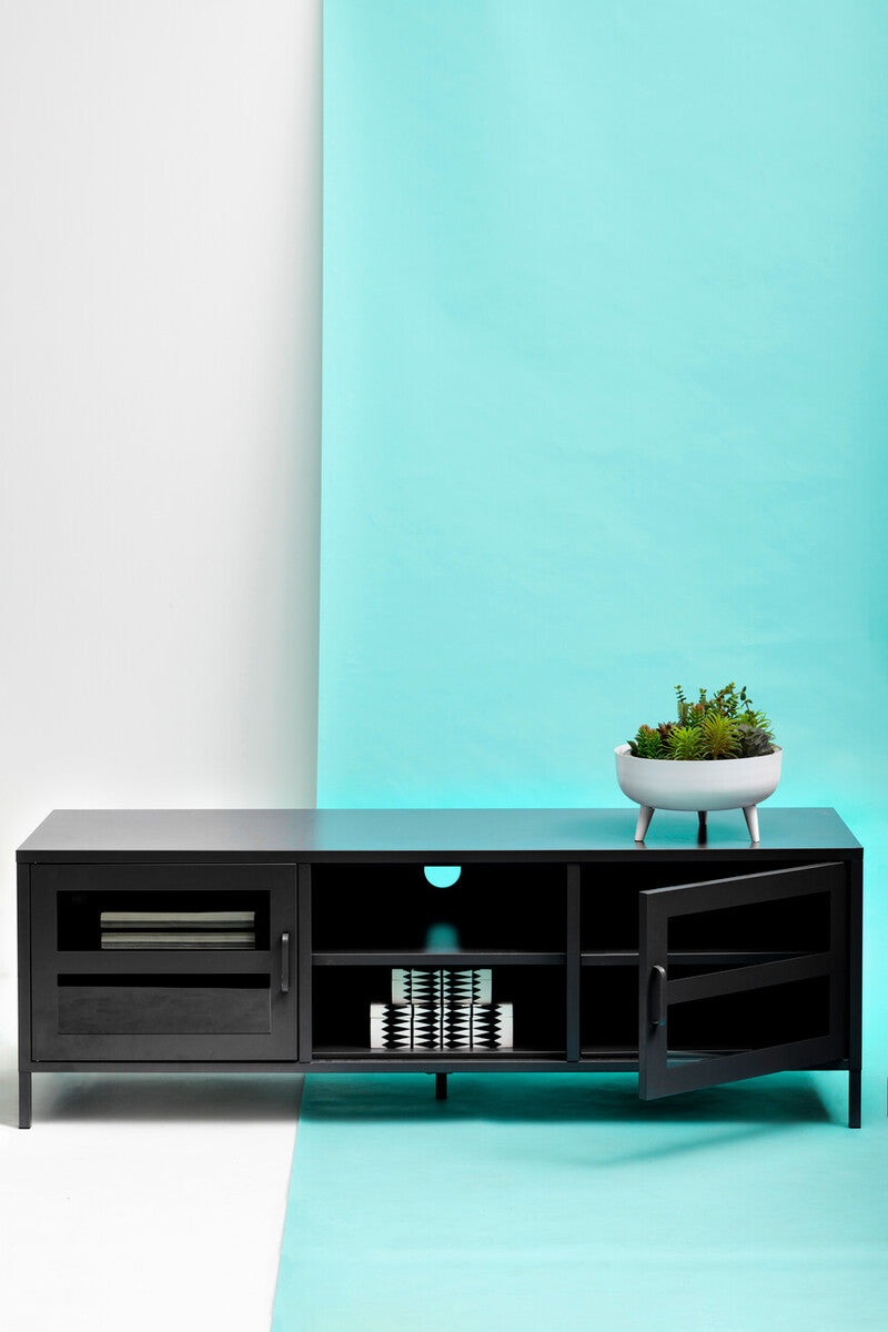 Acier Black Metal and Glass Two Door Media Unit with Open Shelves