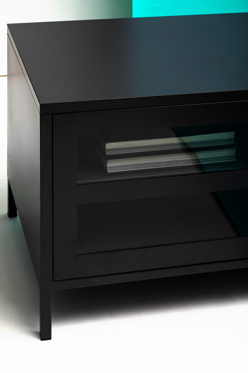 Acier Black Metal and Glass Two Door Media Unit with Open Shelves