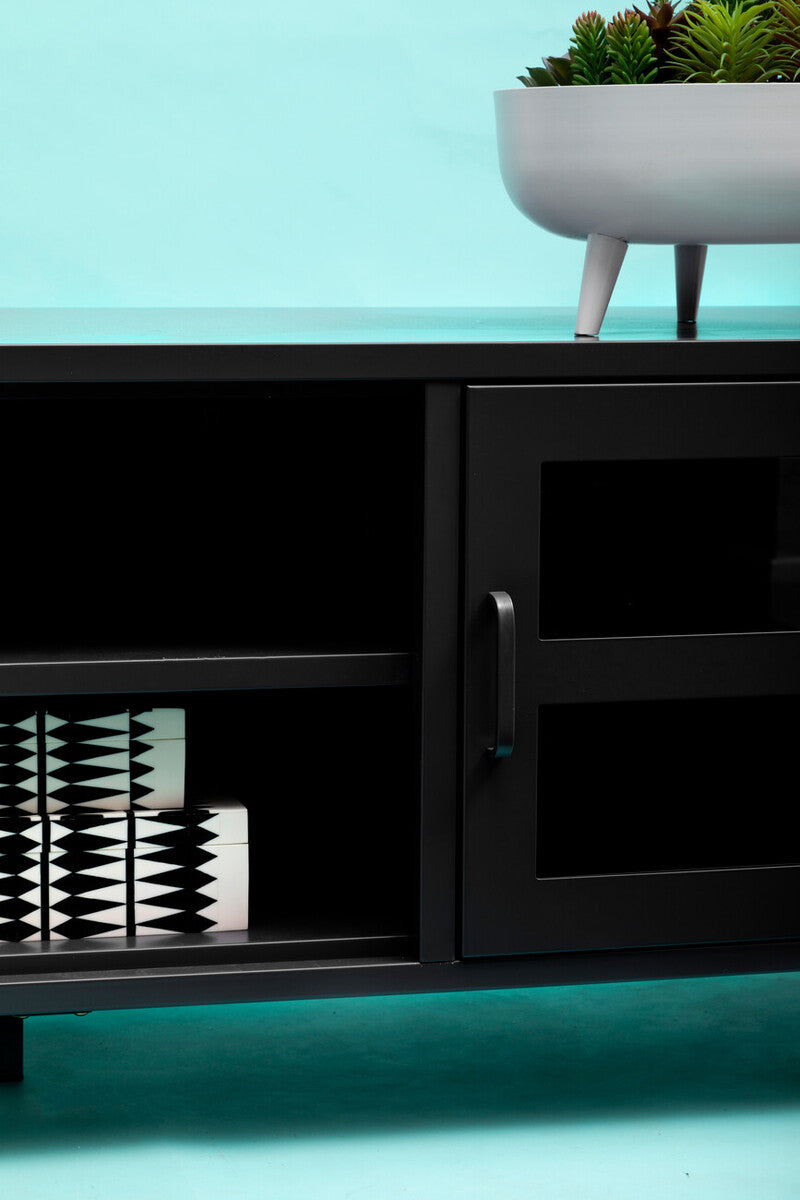 Acier Black Metal and Glass Two Door Media Unit with Open Shelves