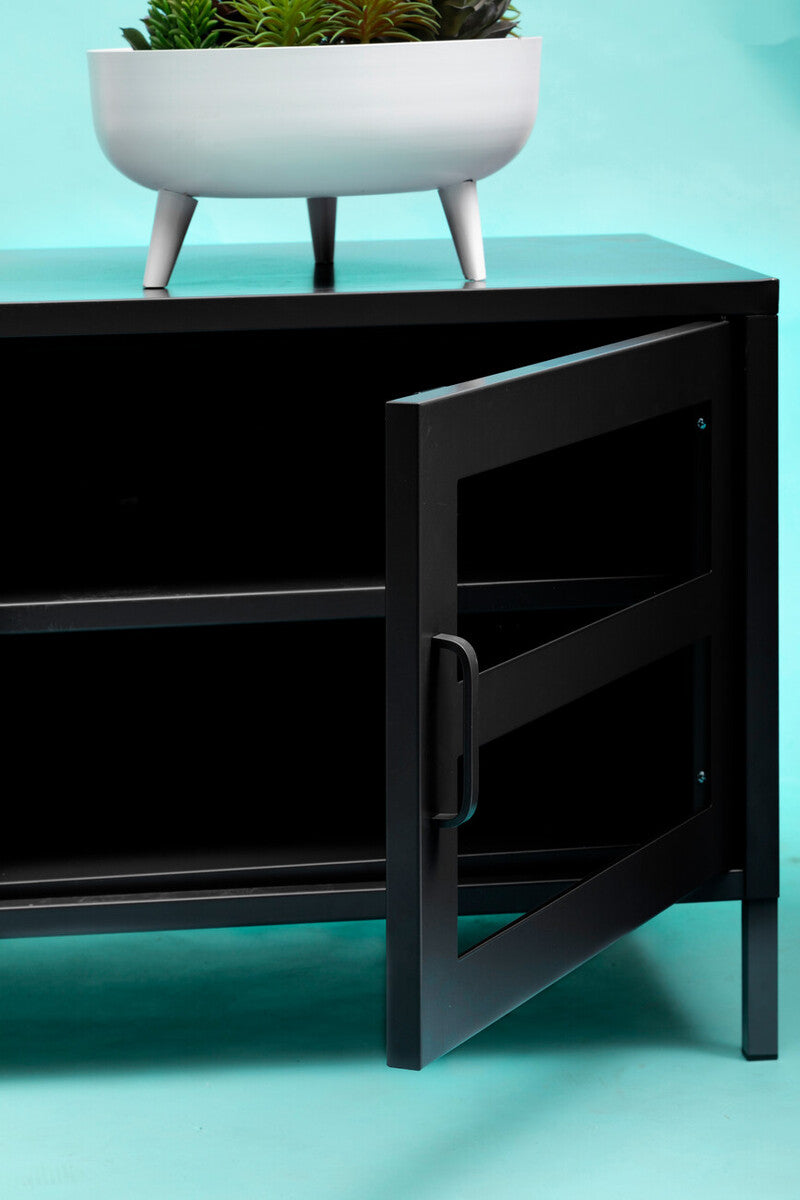Acier Black Metal and Glass Two Door Media Unit with Open Shelves