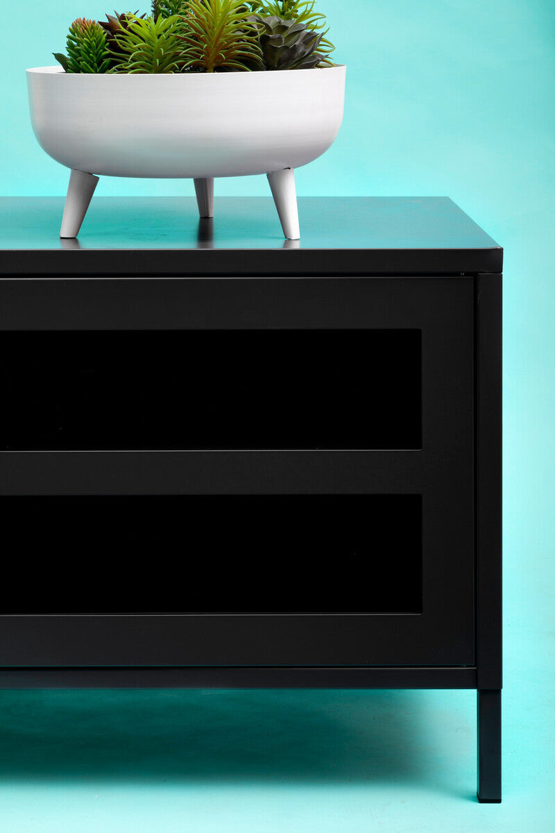 Acier Black Metal and Glass Two Door Media Unit with Open Shelves
