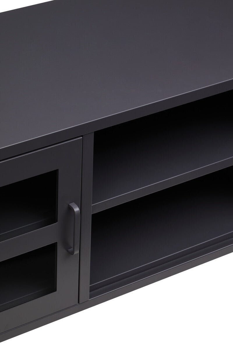 Acier Black Metal and Glass Two Door Media Unit with Open Shelves