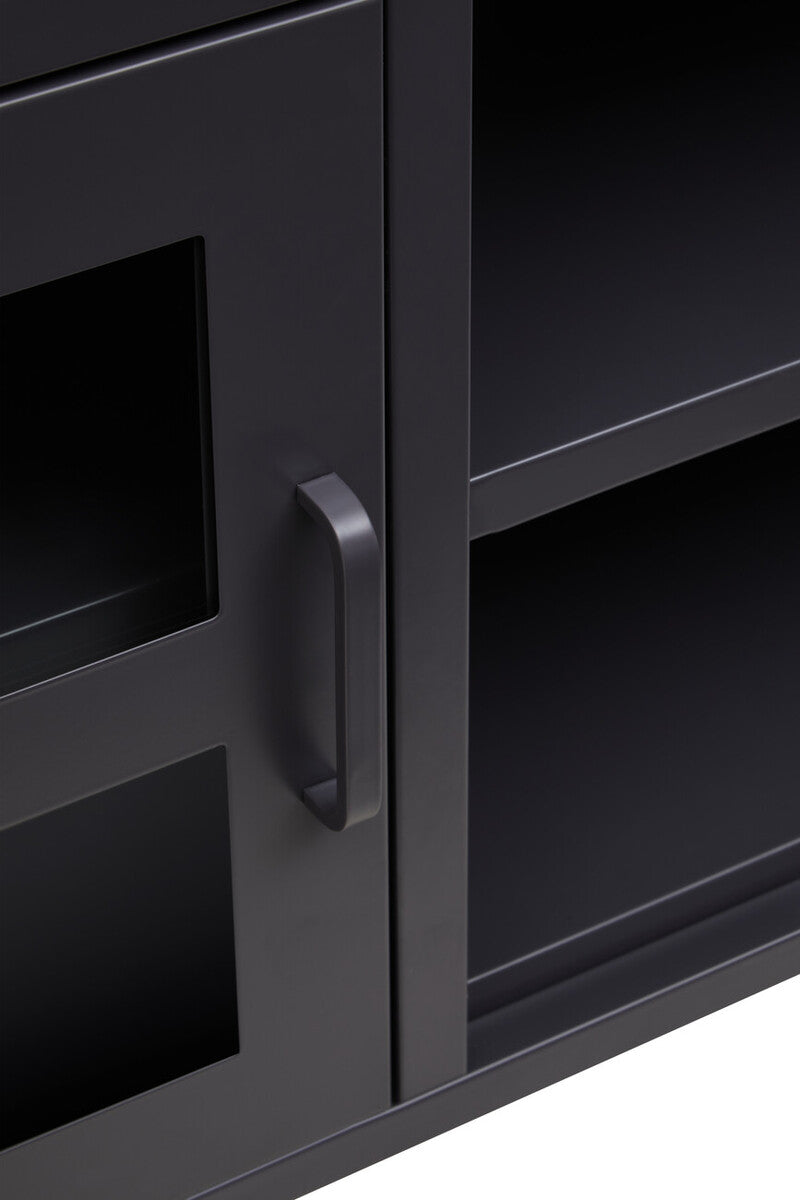 Acier Black Metal and Glass Two Door Media Unit with Open Shelves