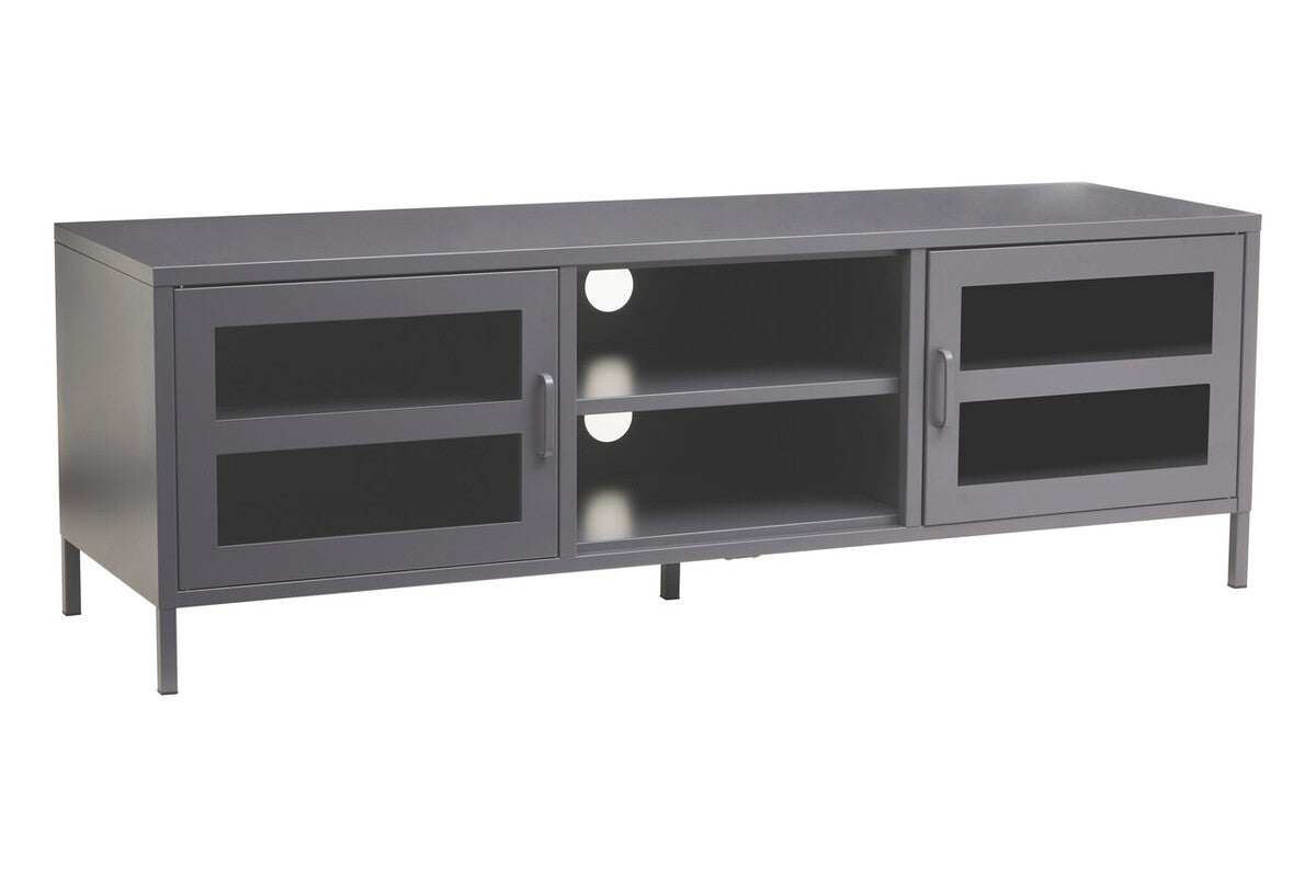 Acier Grey Metal and Glass Two Door Media Unit with Open Shelves