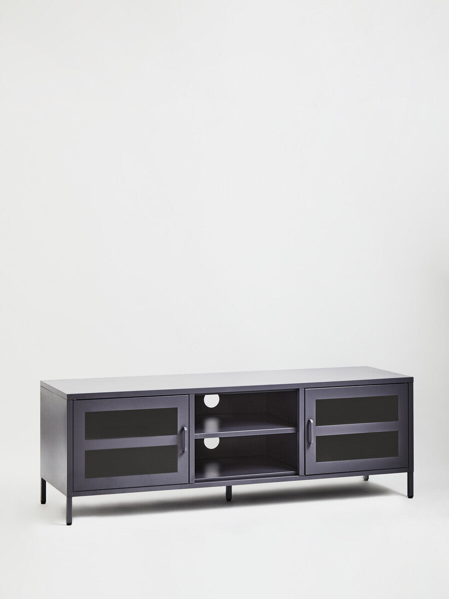 Acier Grey Metal and Glass Two Door Media Unit with Open Shelves