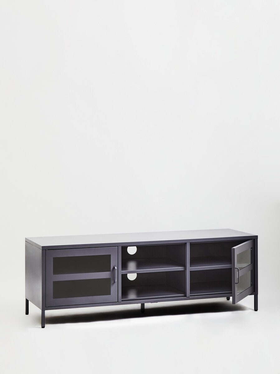 Acier Grey Metal and Glass Two Door Media Unit with Open Shelves