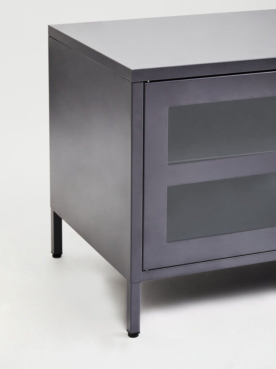 Acier Grey Metal and Glass Two Door Media Unit with Open Shelves