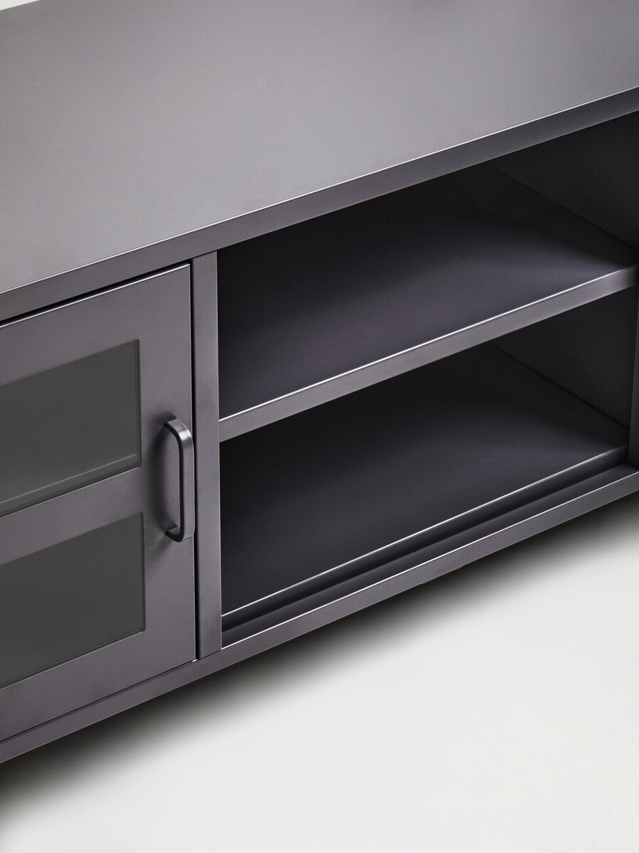 Acier Grey Metal and Glass Two Door Media Unit with Open Shelves