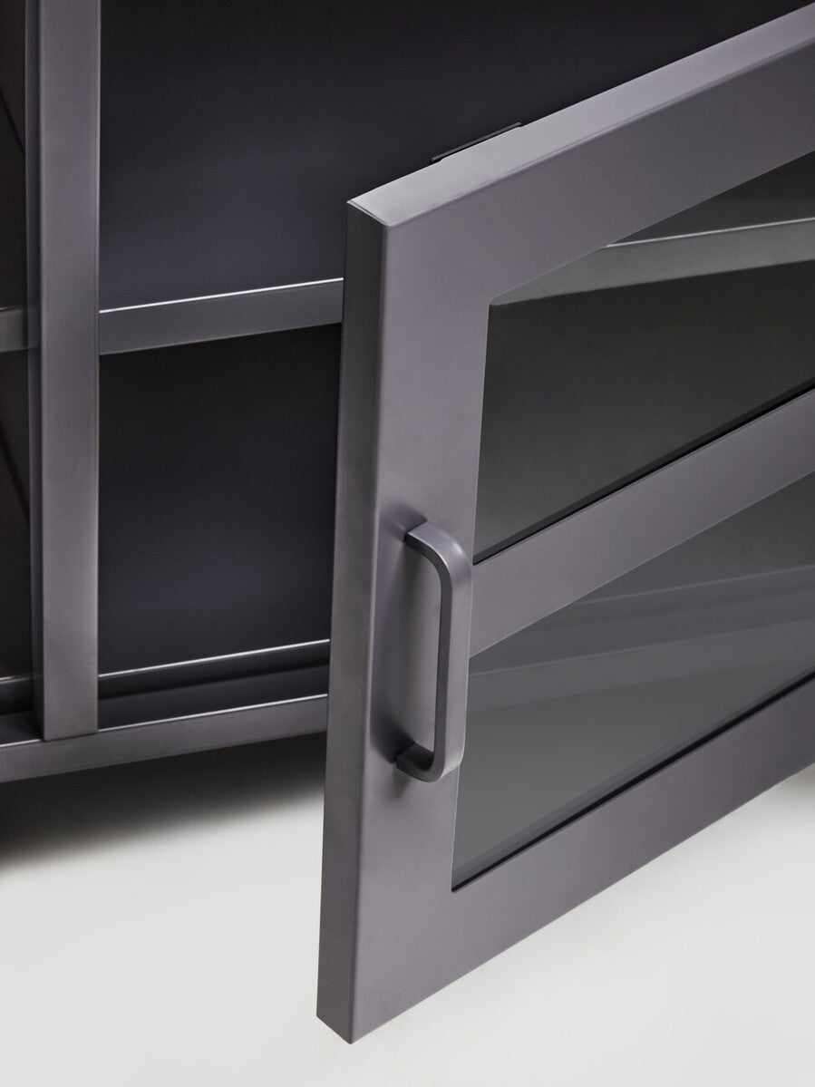 Acier Grey Metal and Glass Two Door Media Unit with Open Shelves