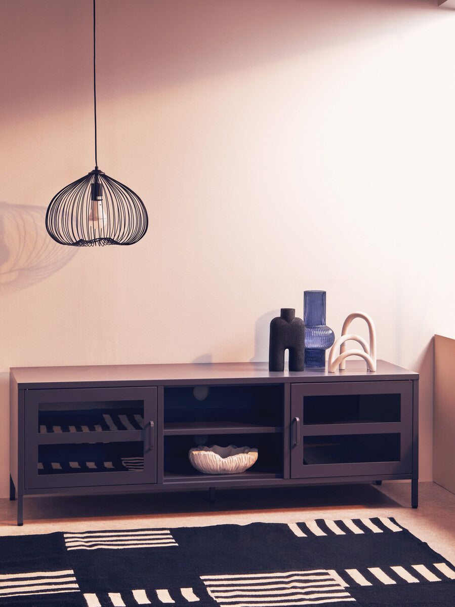Acier Grey Metal and Glass Two Door Media Unit with Open Shelves