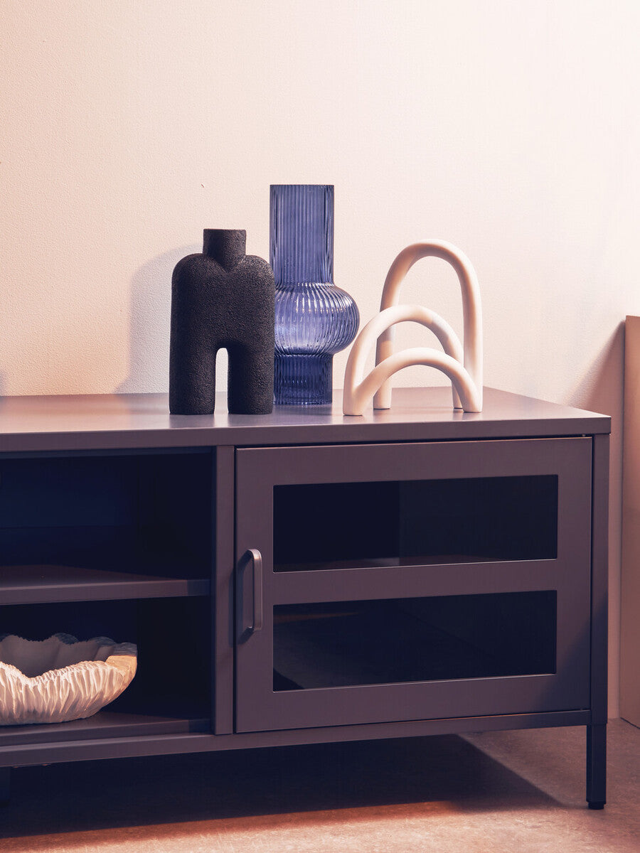 Acier Grey Metal and Glass Two Door Media Unit with Open Shelves