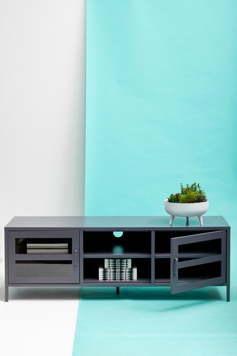 Acier Grey Metal and Glass Two Door Media Unit with Open Shelves