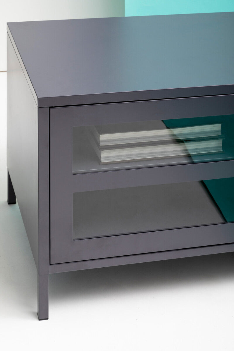 Acier Grey Metal and Glass Two Door Media Unit with Open Shelves