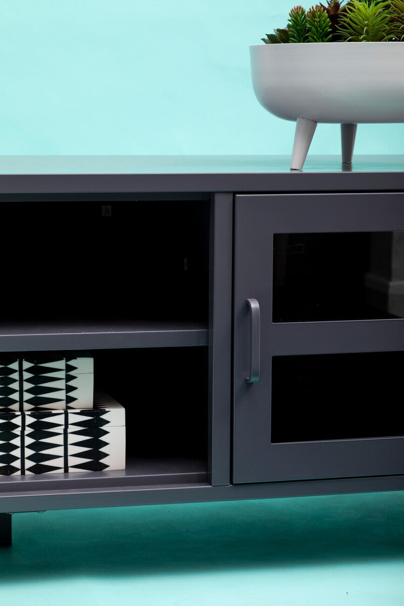 Acier Grey Metal and Glass Two Door Media Unit with Open Shelves