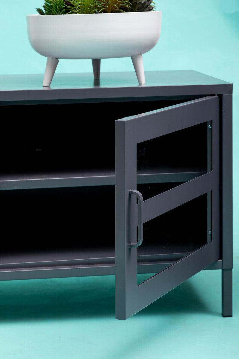 Acier Grey Metal and Glass Two Door Media Unit with Open Shelves
