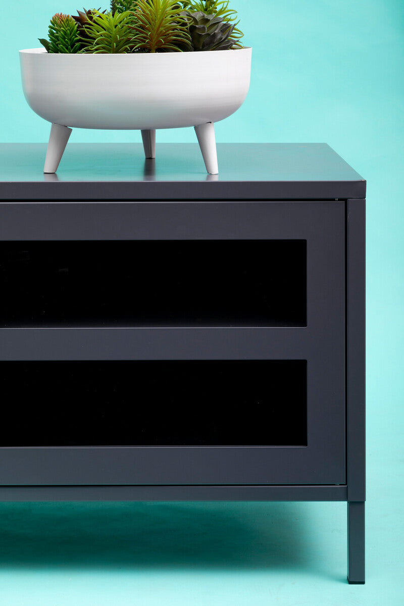 Acier Grey Metal and Glass Two Door Media Unit with Open Shelves