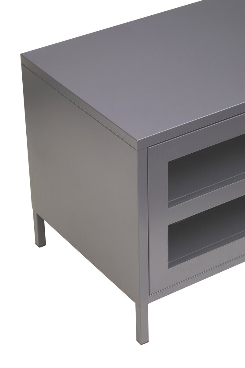 Acier Grey Metal and Glass Two Door Media Unit with Open Shelves