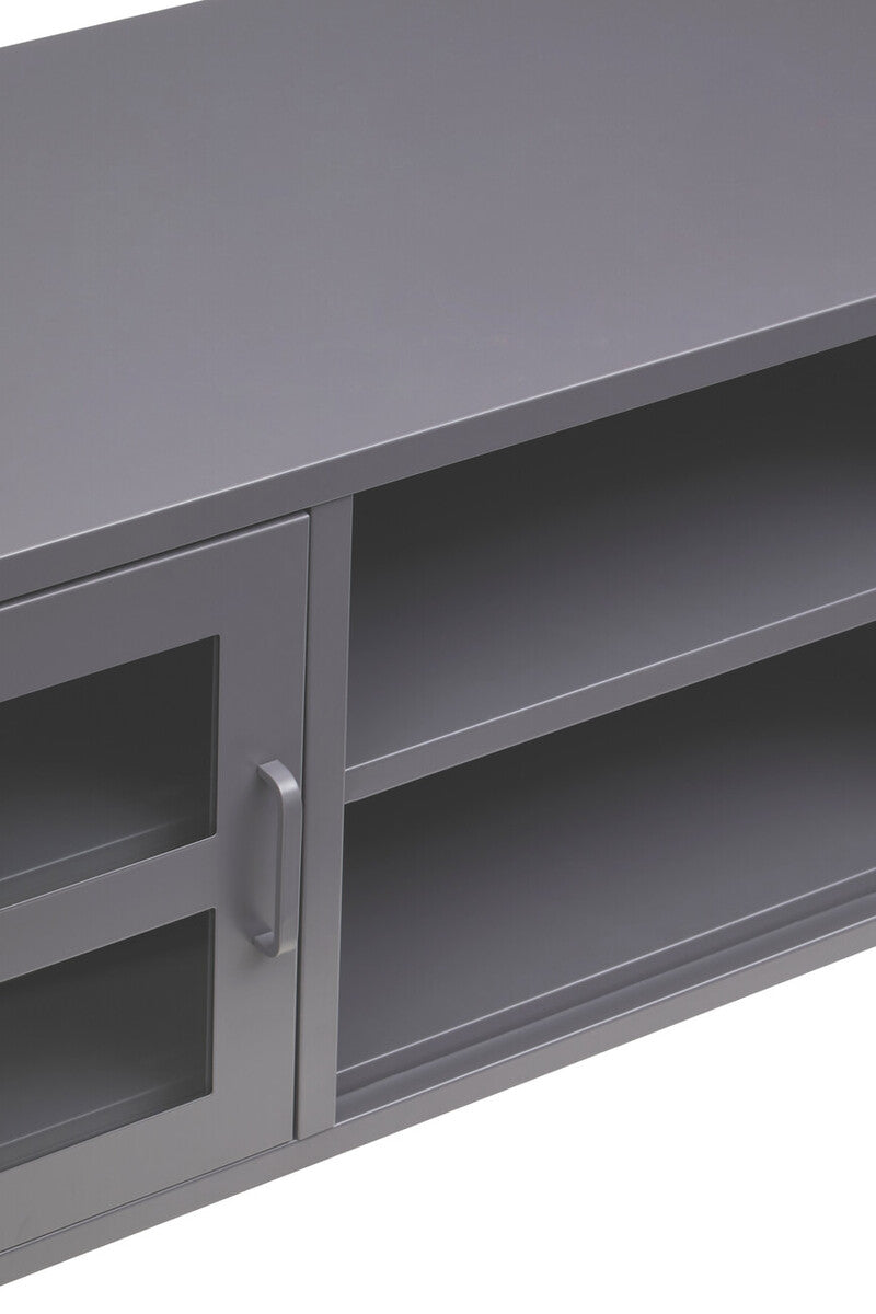 Acier Grey Metal and Glass Two Door Media Unit with Open Shelves