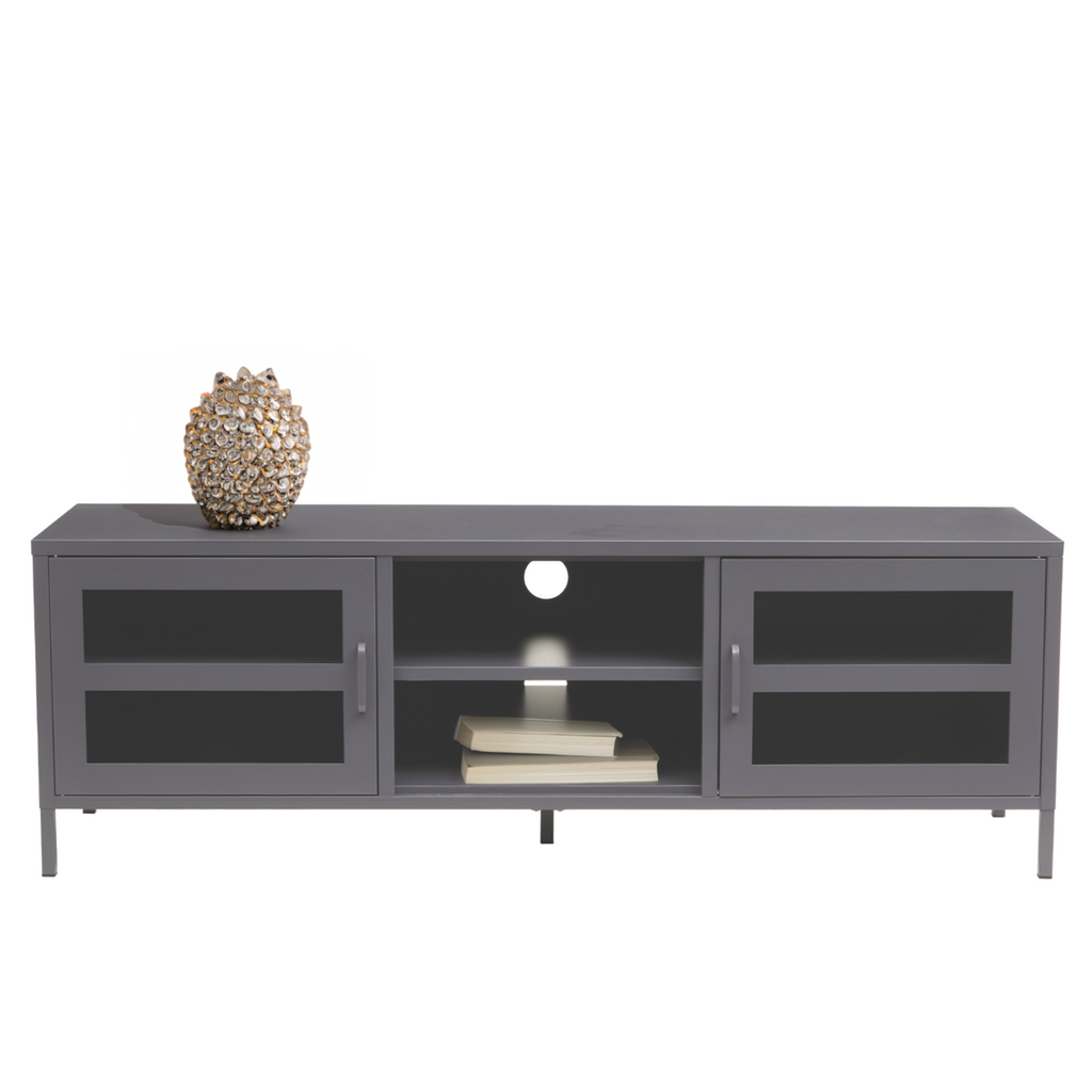 Acier Grey Metal and Glass Two Door Media Unit with Open Shelves