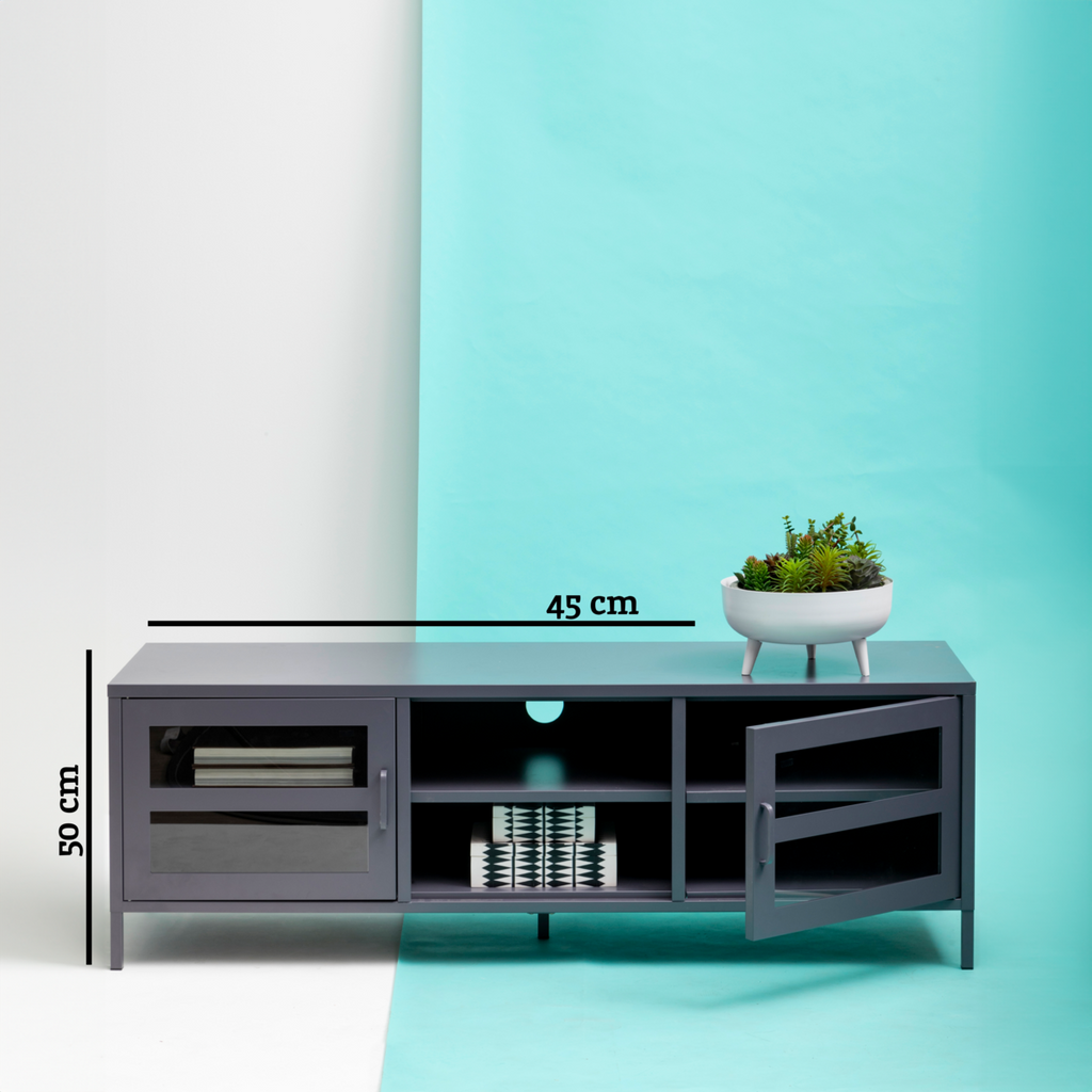 Acier Grey Metal and Glass Two Door Media Unit with Open Shelves
