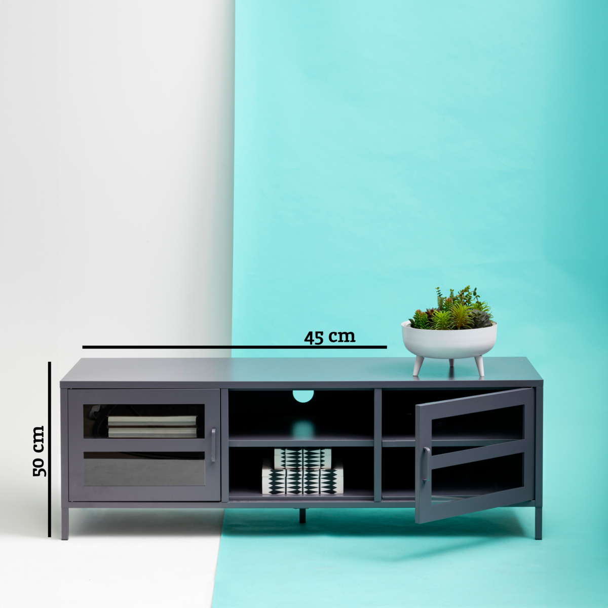 Acier Grey Metal and Glass Two Door Media Unit with Open Shelves
