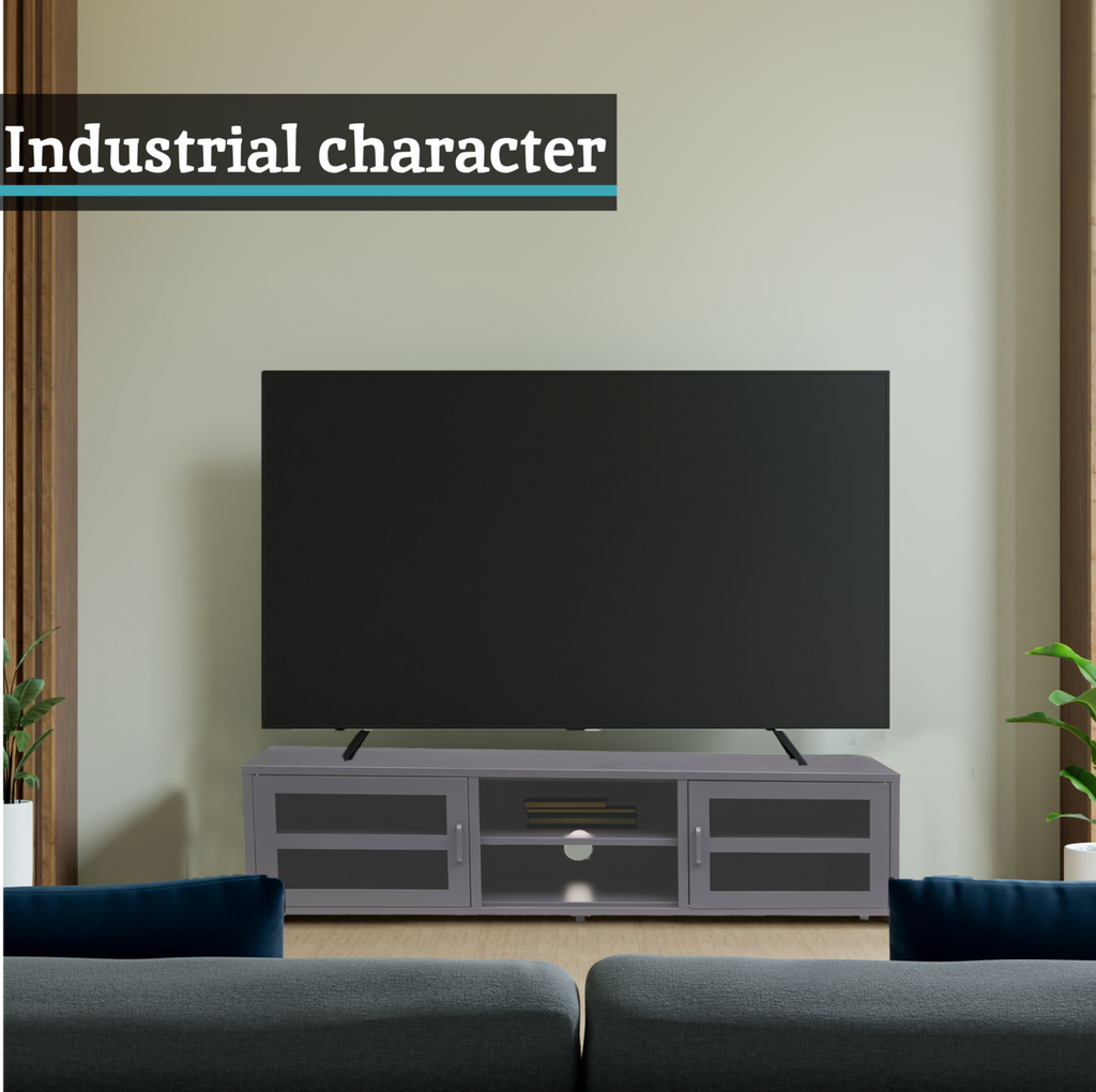 Acier Grey Metal and Glass Two Door Media Unit with Open Shelves
